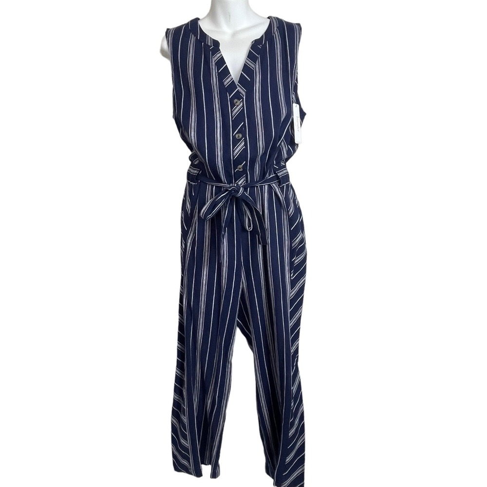 NWT Laundry Shelli Segal Blue‎ White Striped Linen Blend Jumpsuit 12 Belt Resort